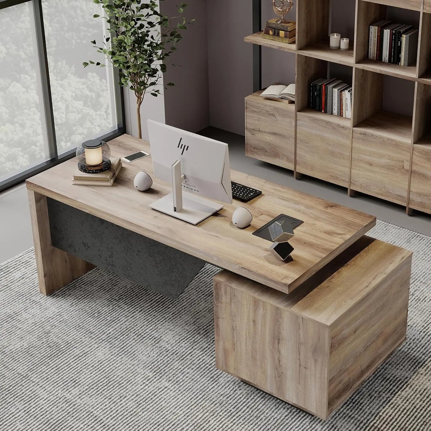 Extendable Executive Office Desk 63"–71" | L-Shape Computer Workstation with Reversible Storage Cabinet