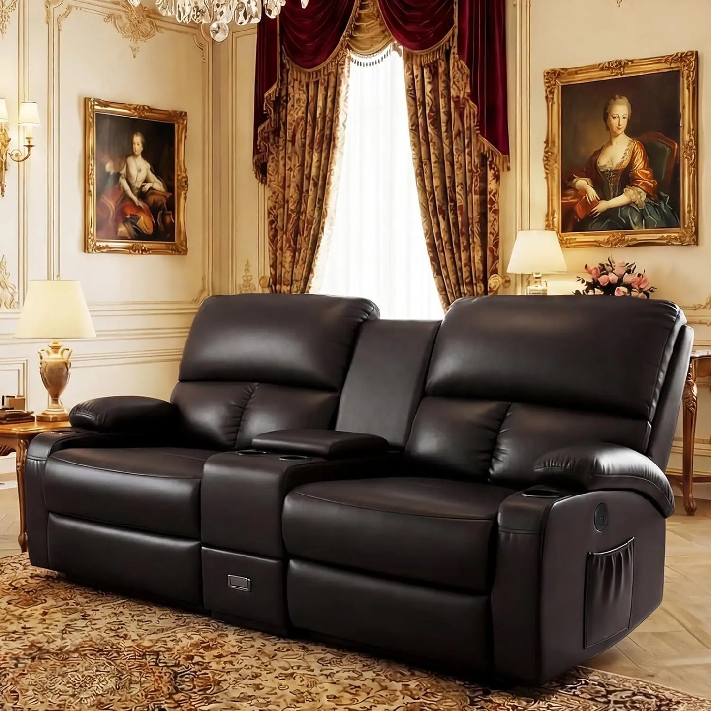 Recliner Loveseat with Massage & Heat – USB Charging, Cup Holders, Faux Leather | Home Theater & RV