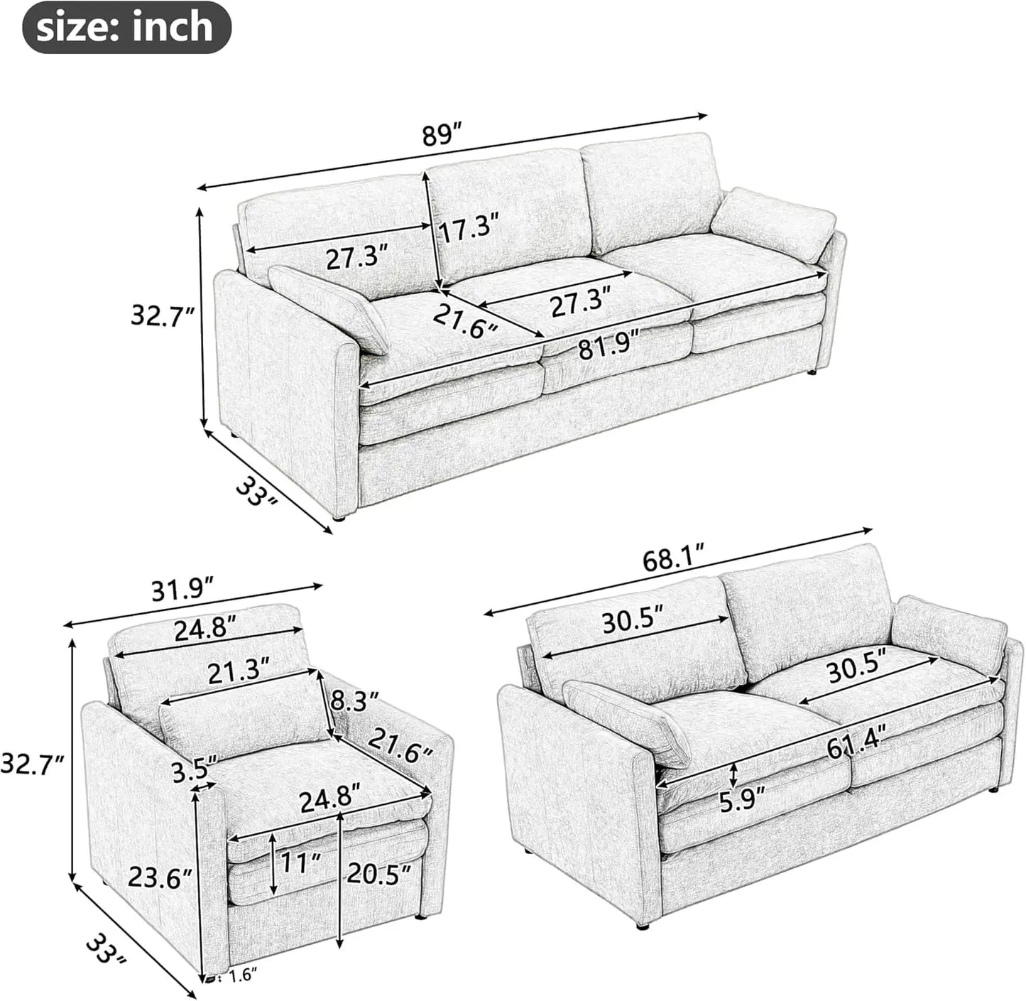 2-Piece Chenille Cloud Sofa Set | Oversized 3-Seater Couch & Loveseat with Double Plush Cushions