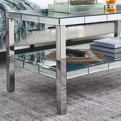2-Tier Mirrored Silver Coffee Table | Tempered Glass Top & Lower Shelf | Modern Rectangle
