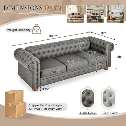 3-Seater PU Leather Chesterfield Sofa | Button Tufted, Nail Trim & Gourd Legs
