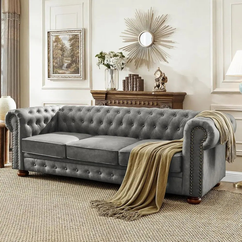 3-Seater PU Leather Chesterfield Sofa | Button Tufted, Nail Trim & Gourd Legs