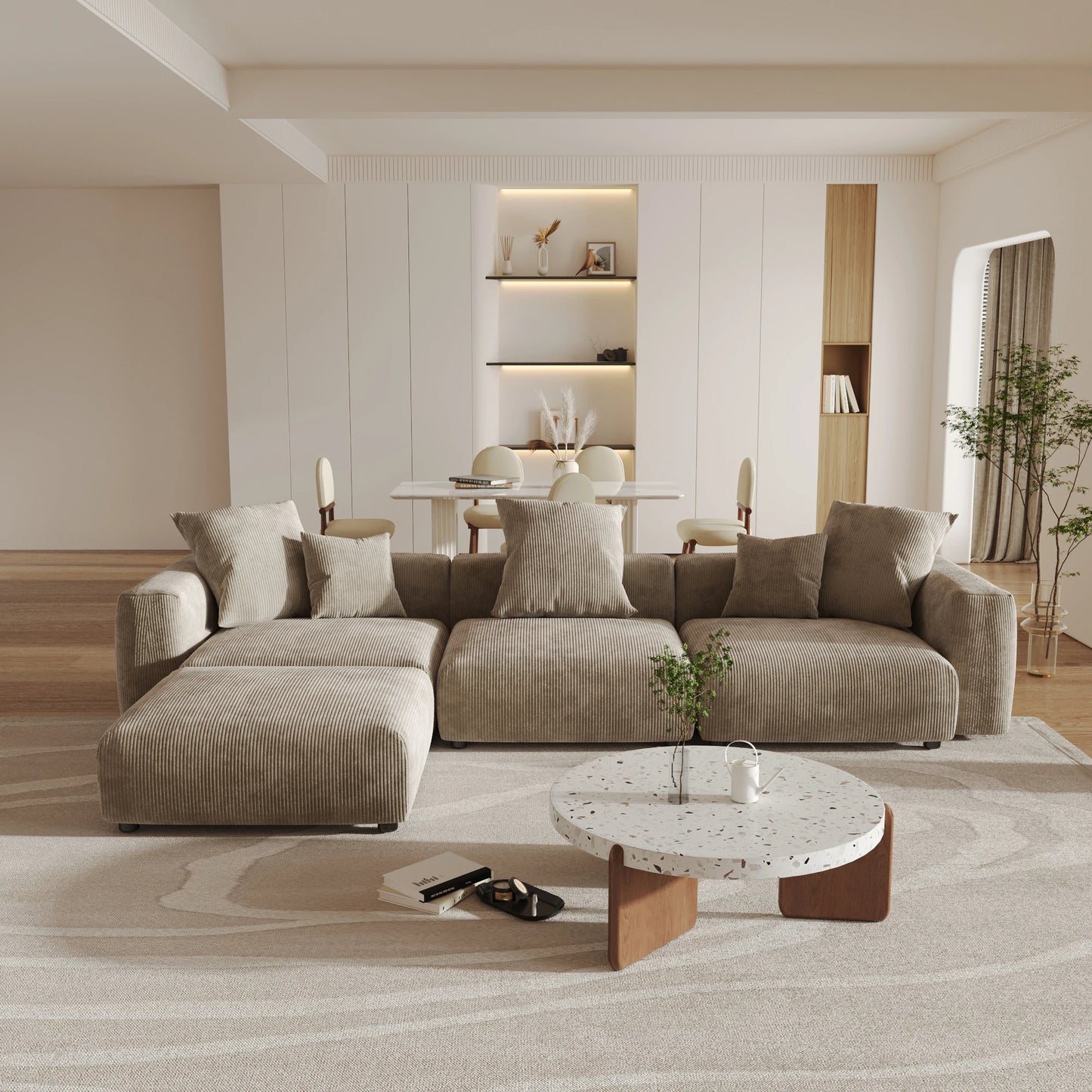 141" L-Shaped Corduroy Sectional Sofa with Ottoman | Oversized 3-Seater with Removable Covers