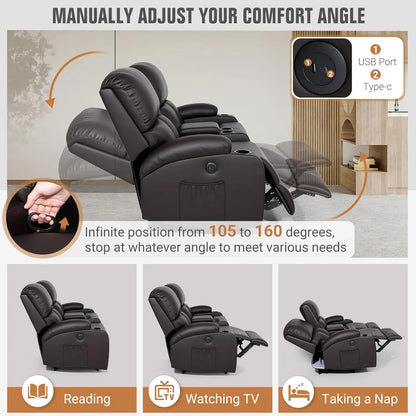 Recliner Loveseat with Massage & Heat – USB Charging, Cup Holders, Faux Leather | Home Theater & RV
