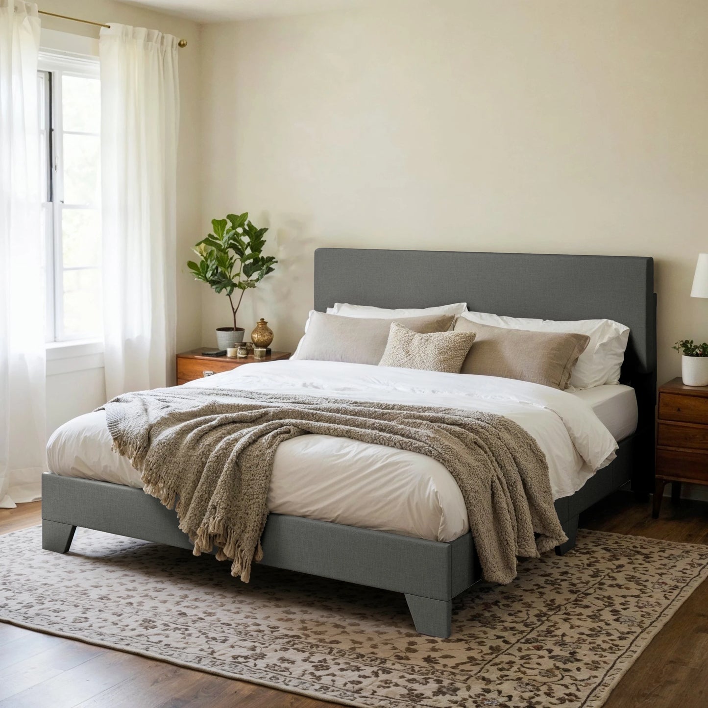 Upholstered Bed Frame with Adjustable Headboard – Soft Linen Fabric, Noise-Free, No Box Spring | Full Queen King