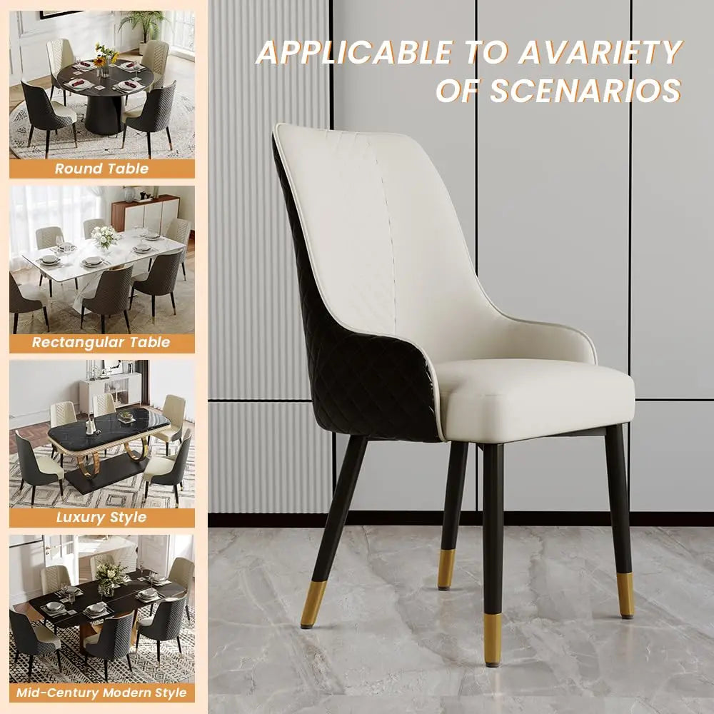 Diamond-Stitched Dining Chairs Set of 2 | 38" High Back, Faux Leather & Metal Legs