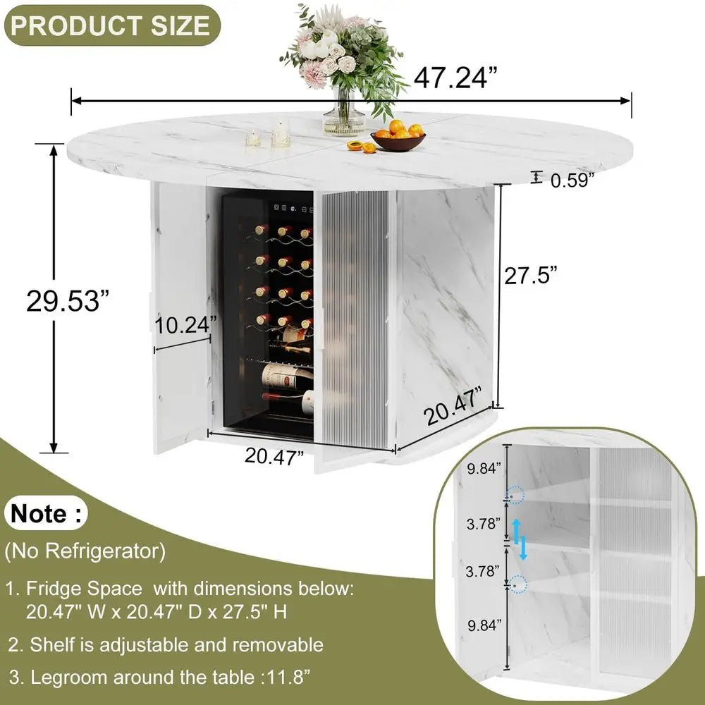 47" Round Dining Table with Storage Cabinet | Faux Marble Top, Wine Glass Racks & Mini-Fridge Space | Modern