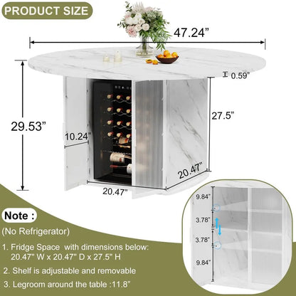 47" Round Dining Table with Storage Cabinet | Faux Marble Top, Wine Glass Racks & Mini-Fridge Space | Modern