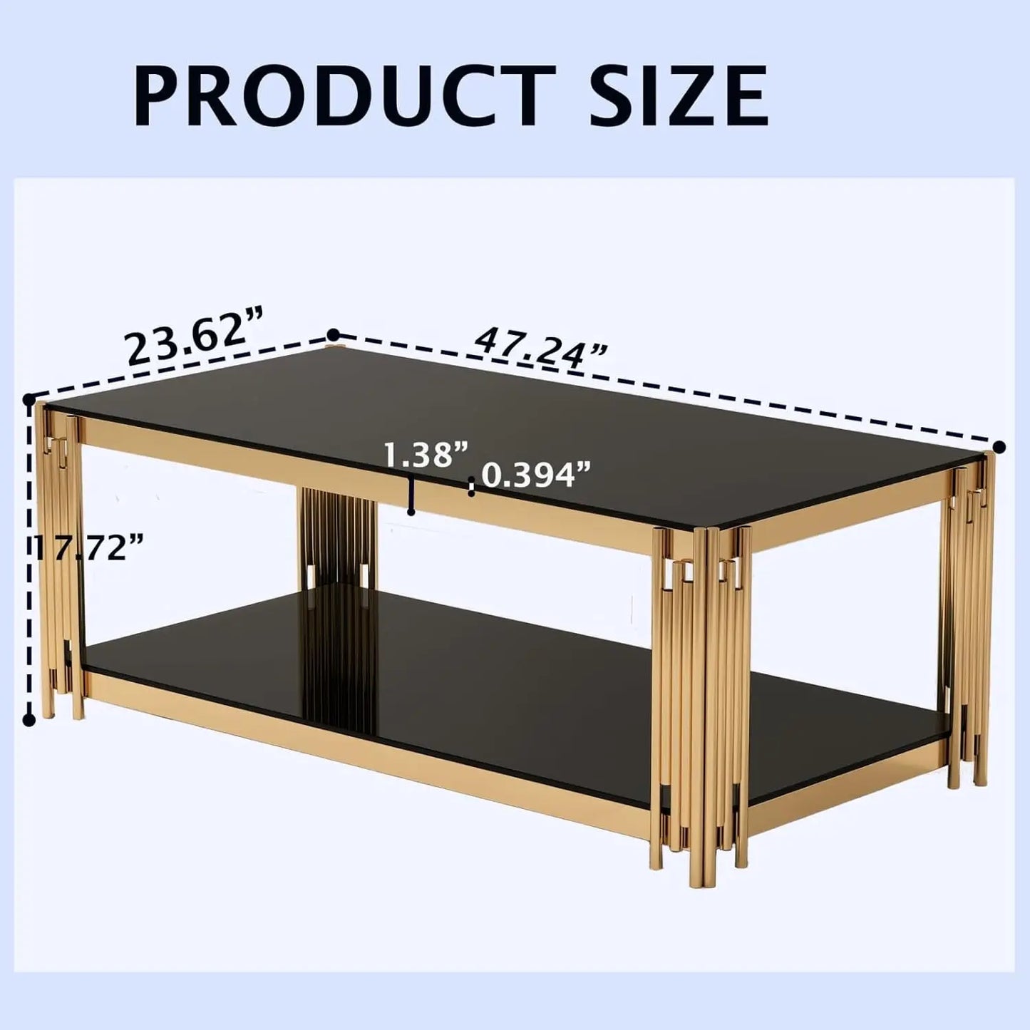 Black & Gold Tempered Glass Coffee Table – 47" Modern Oval with Wind Chime Legs & Lower Shelf