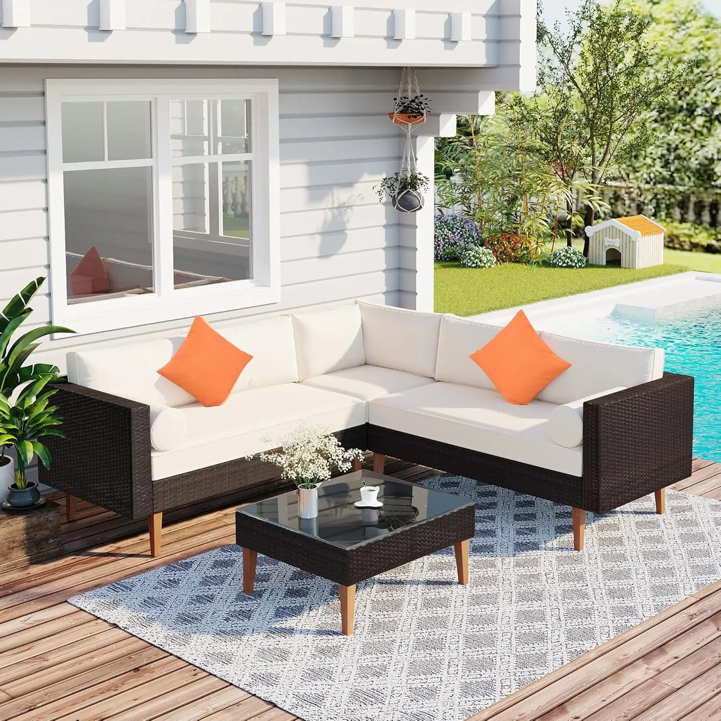 6-Piece Modern Outdoor Sectional Sofa Set with Round Nesting Coffee Tables – All-Weather Rattan & Acacia Wood