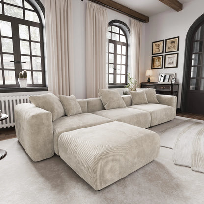 141" L-Shaped Corduroy Sectional Sofa with Ottoman | Oversized 3-Seater with Removable Covers