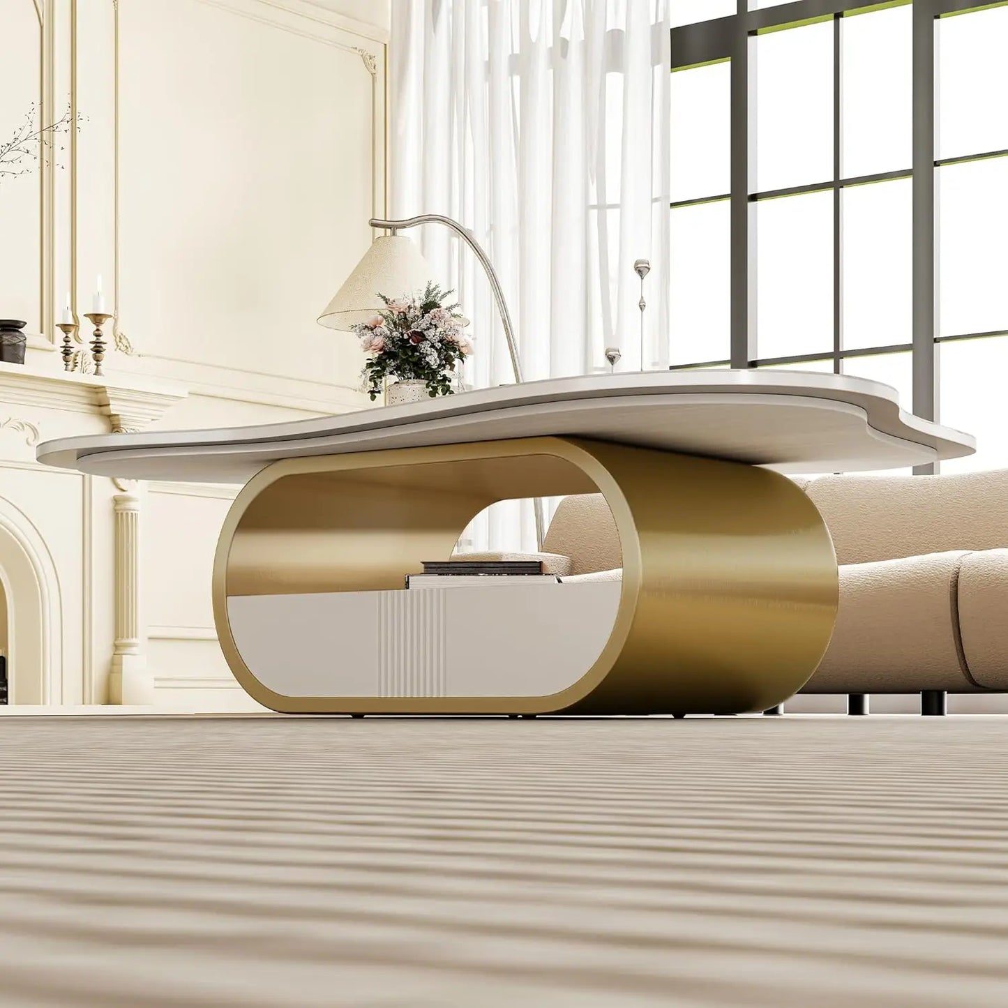 Butterfly Coffee Table | 41.7" Sintered Stone Top with Storage Drawer & Gold Frame