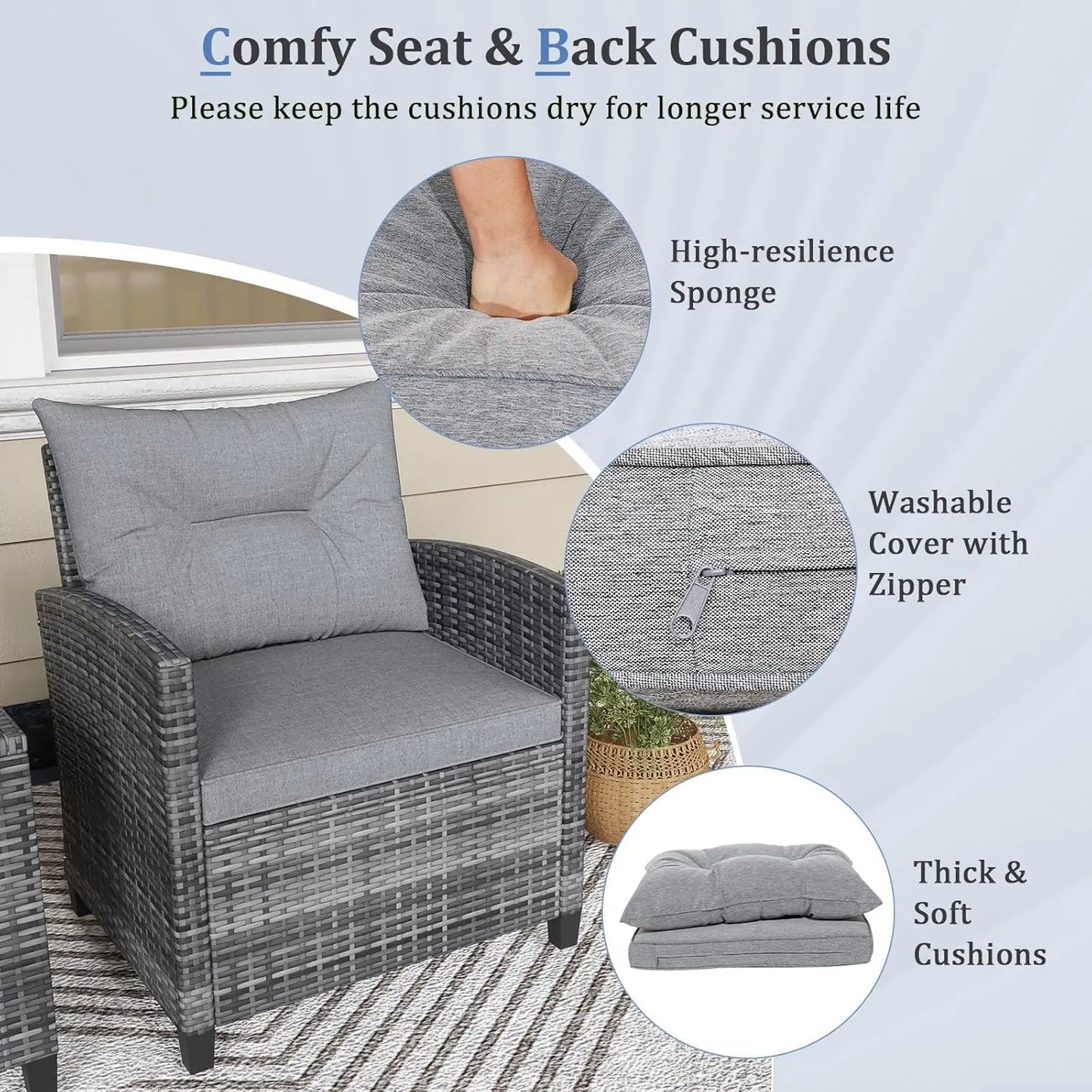 3-Piece Outdoor PE Rattan Bistro Conversation Set – 2 Wicker Chairs with Washable Cushions & Tempered Glass Coffee Table