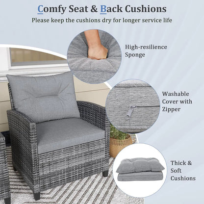 3-Piece Outdoor PE Rattan Bistro Conversation Set – 2 Wicker Chairs with Washable Cushions & Tempered Glass Coffee Table