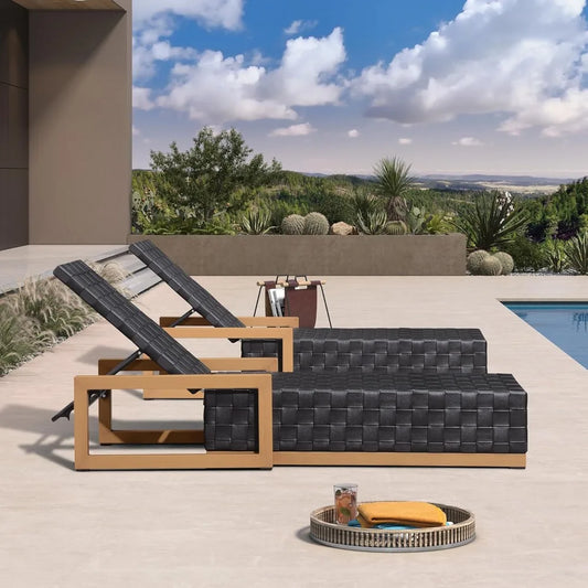Outdoor Chaise Lounge Set of 2 – PU Leather Pool Chairs with Adjustable Backrest