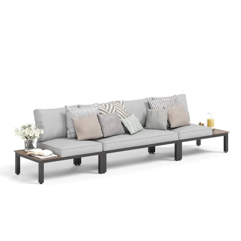 4-Seat Outdoor Patio Sectional Sofa Set – Metal Frame, Built-In Side Table & Thick Cushions, Beige/Grey