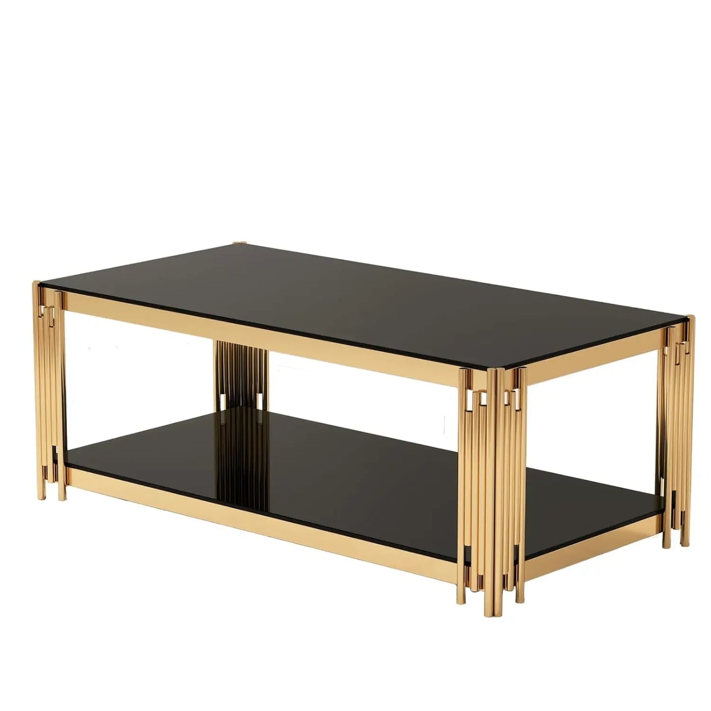 Black & Gold Tempered Glass Coffee Table – 47" Modern Oval with Wind Chime Legs & Lower Shelf