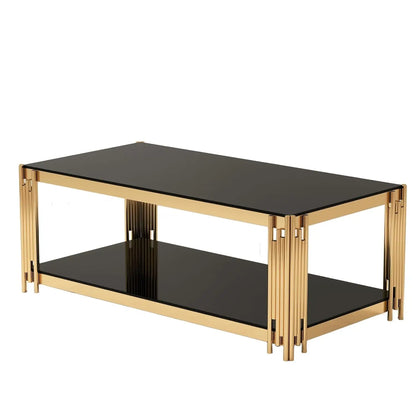 Black & Gold Tempered Glass Coffee Table – 47" Modern Oval with Wind Chime Legs & Lower Shelf
