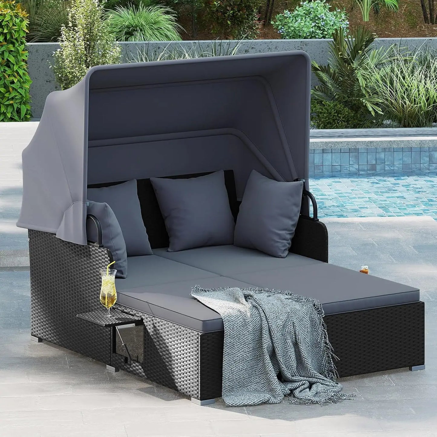 Outdoor Rattan Daybed with Retractable Canopy – 2-Person Patio Sunbed with Cushions & Pillows