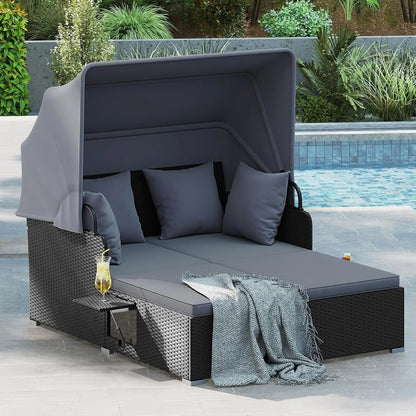 Outdoor Rattan Daybed with Retractable Canopy – 2-Person Patio Sunbed with Cushions & Pillows