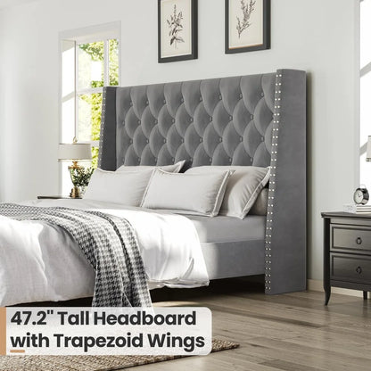 Queen Upholstered Wingback Platform Bed Frame – Tufted Velvet Headboard, Nailhead Trim, No Box Spring Needed