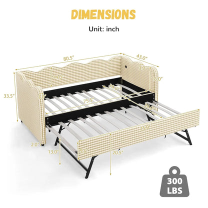 Twin Upholstered Gingham Daybed with Trundle & USB Charging – Linen, Wavy Edge, 7 Colors