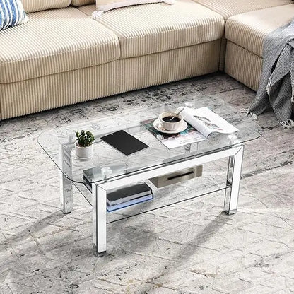 2-Tier Mirrored Silver Coffee Table | Tempered Glass Top & Lower Shelf | Modern Rectangle