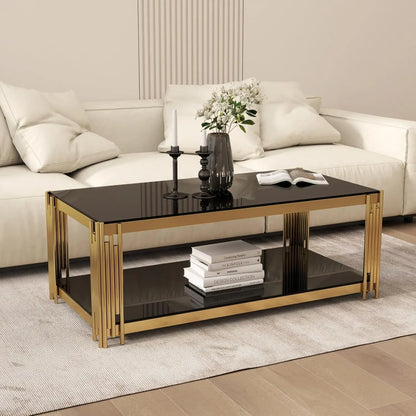 Black & Gold Tempered Glass Coffee Table – 47" Modern Oval with Wind Chime Legs & Lower Shelf