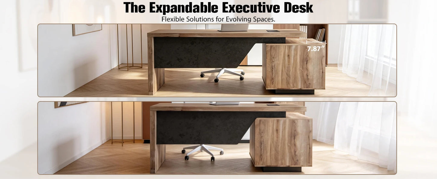 Extendable Executive Office Desk 63"–71" | L-Shape Computer Workstation with Reversible Storage Cabinet