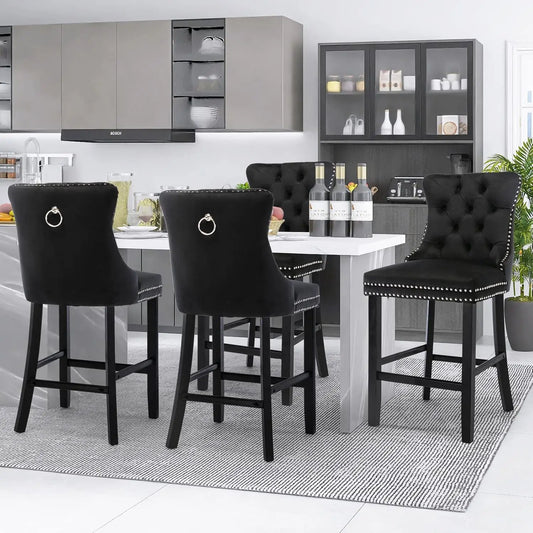 Modern Velvet Bar Stools with Wood Legs – Button Tufted, Chrome Nailhead | Set of 4