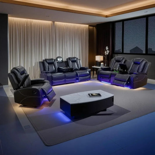 Power Reclining Sectional Sofa Set 3+2+1 – Leather, Wireless Charging, LED Lights & Storage