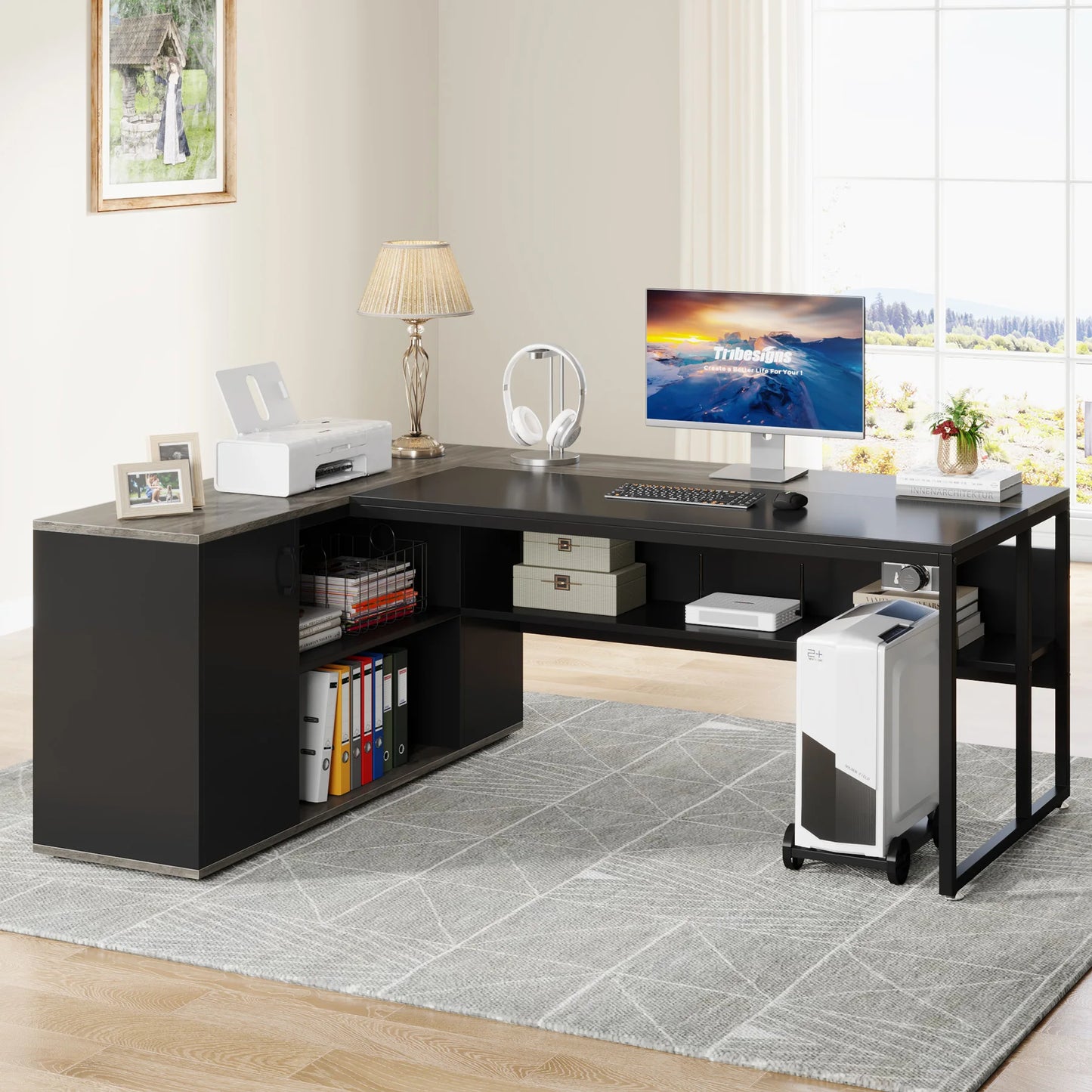Tribesigns 71" L-Shaped Executive Desk with Storage Cabinet & Shelves