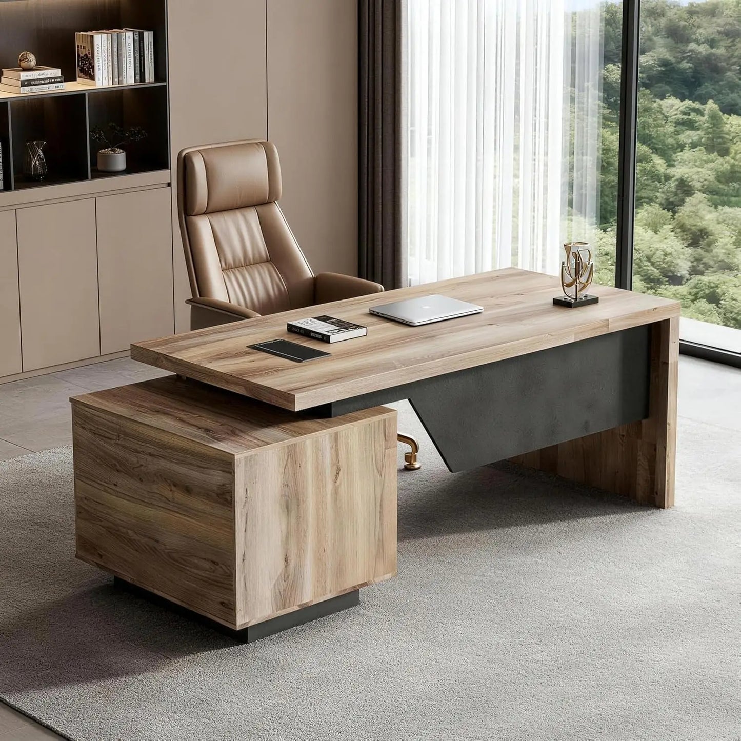 Extendable Executive Office Desk 63"–71" | L-Shape Computer Workstation with Reversible Storage Cabinet