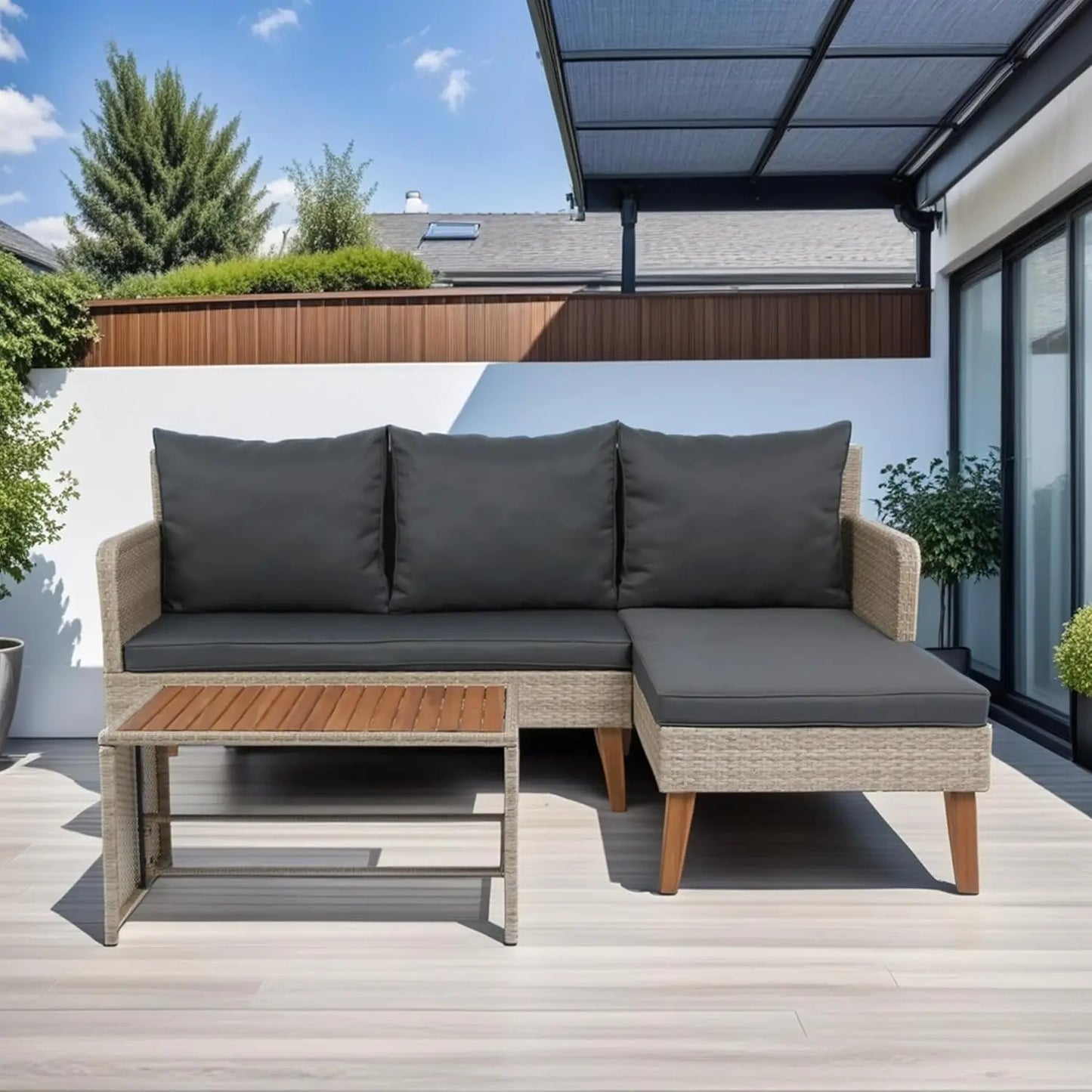 6-Piece Modern Outdoor Sectional Sofa Set with Round Nesting Coffee Tables – All-Weather Rattan & Acacia Wood