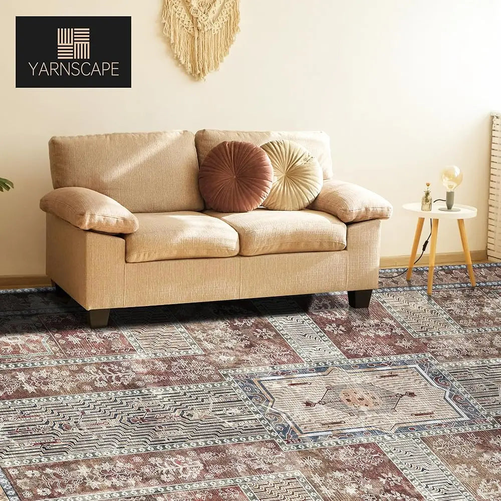 Vintage Washable Area Rug 9x12 – Retro Rust Design, Non-Slip, Lightweight for Living Room & Bedroom