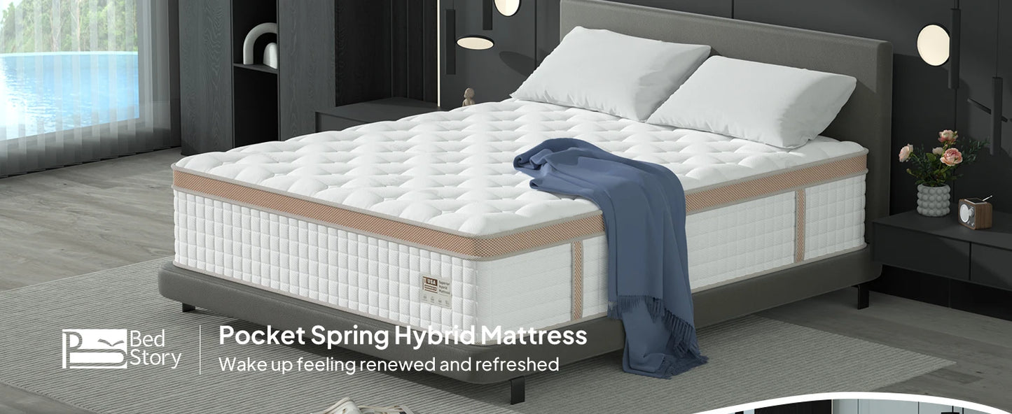 BedStory 14" Luxury Hybrid Mattress – Gel Memory Foam & Pocket Springs, Made in USA