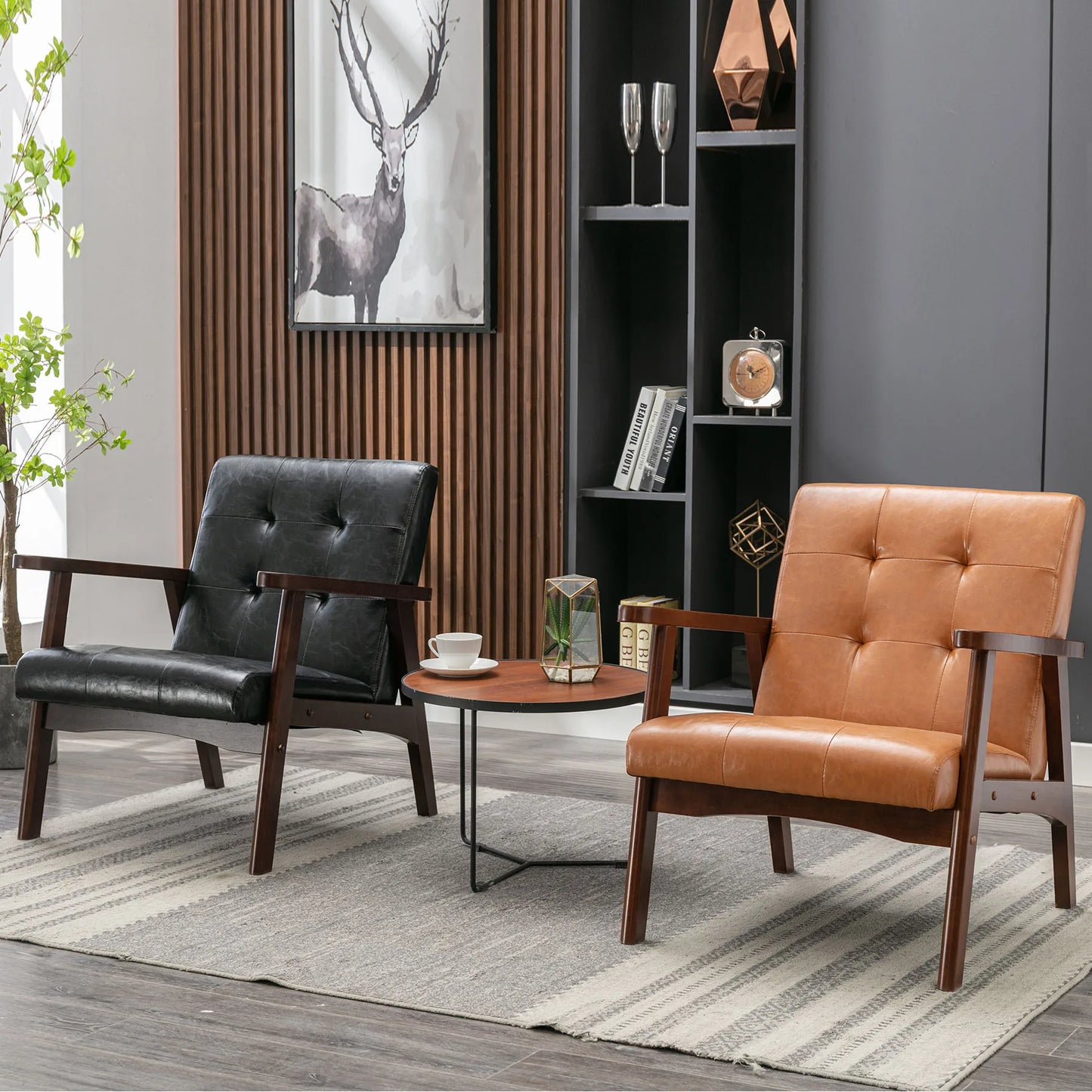 Mid-Century Modern Accent Chair | PU Leather Armchair for Living Room & Bedroom