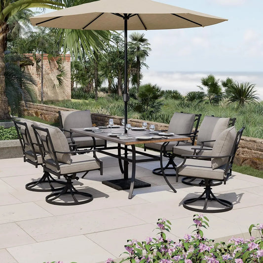 7-Piece Patio Dining Set – 6 Swivel Rocker Chairs with Olefin Cushions & Faux Woodgrain Dining Table