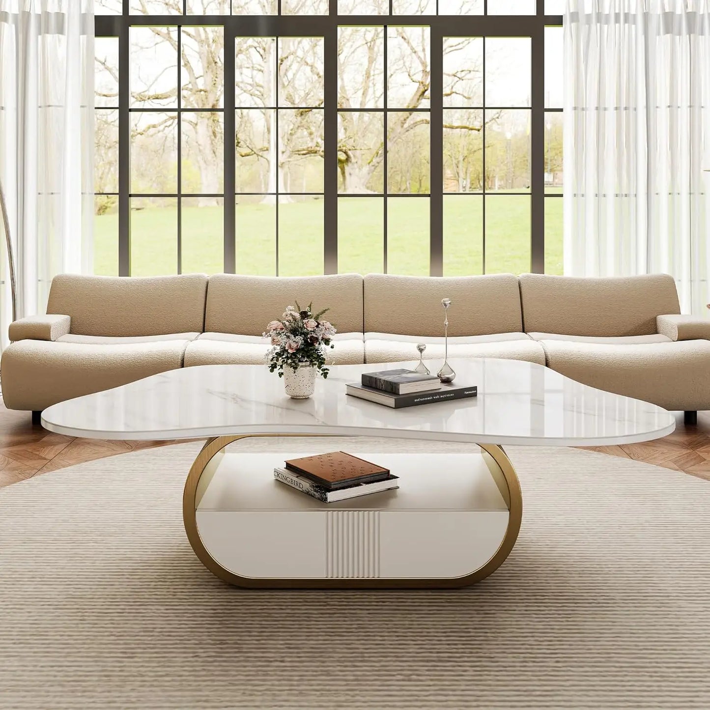 Butterfly Coffee Table | 41.7" Sintered Stone Top with Storage Drawer & Gold Frame