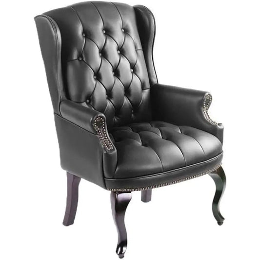 Classic Button-Tufted Office Chair – Black Vinyl with Wood Accents