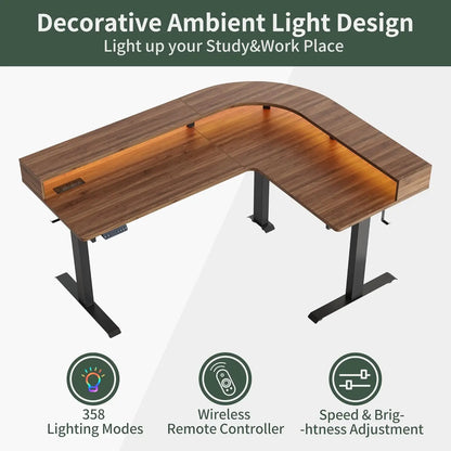 L-Shaped Electric Standing Desk 63" | LED Lighting, Power Outlet & Monitor Stand