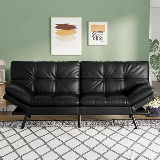 71" Convertible Futon Sofa Bed – Faux Leather, Memory Foam, Adjustable Loveseat Sleeper