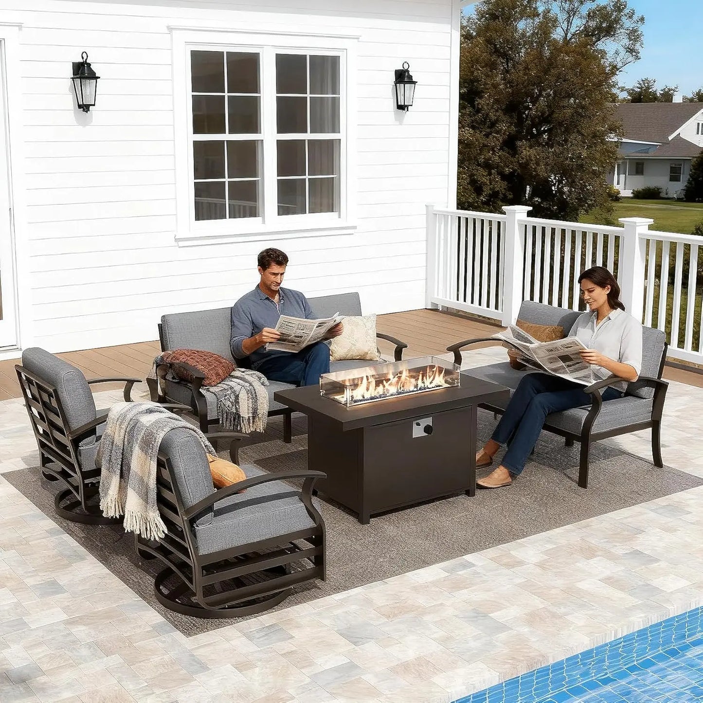 7-Piece Aluminum Patio Set with 50,000 BTU Fire Pit Table & Swivel Rocking Chairs