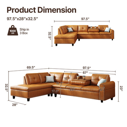 97.5" L-Shaped Sectional Sofa with Chaise – Faux Leather, 6-Seater