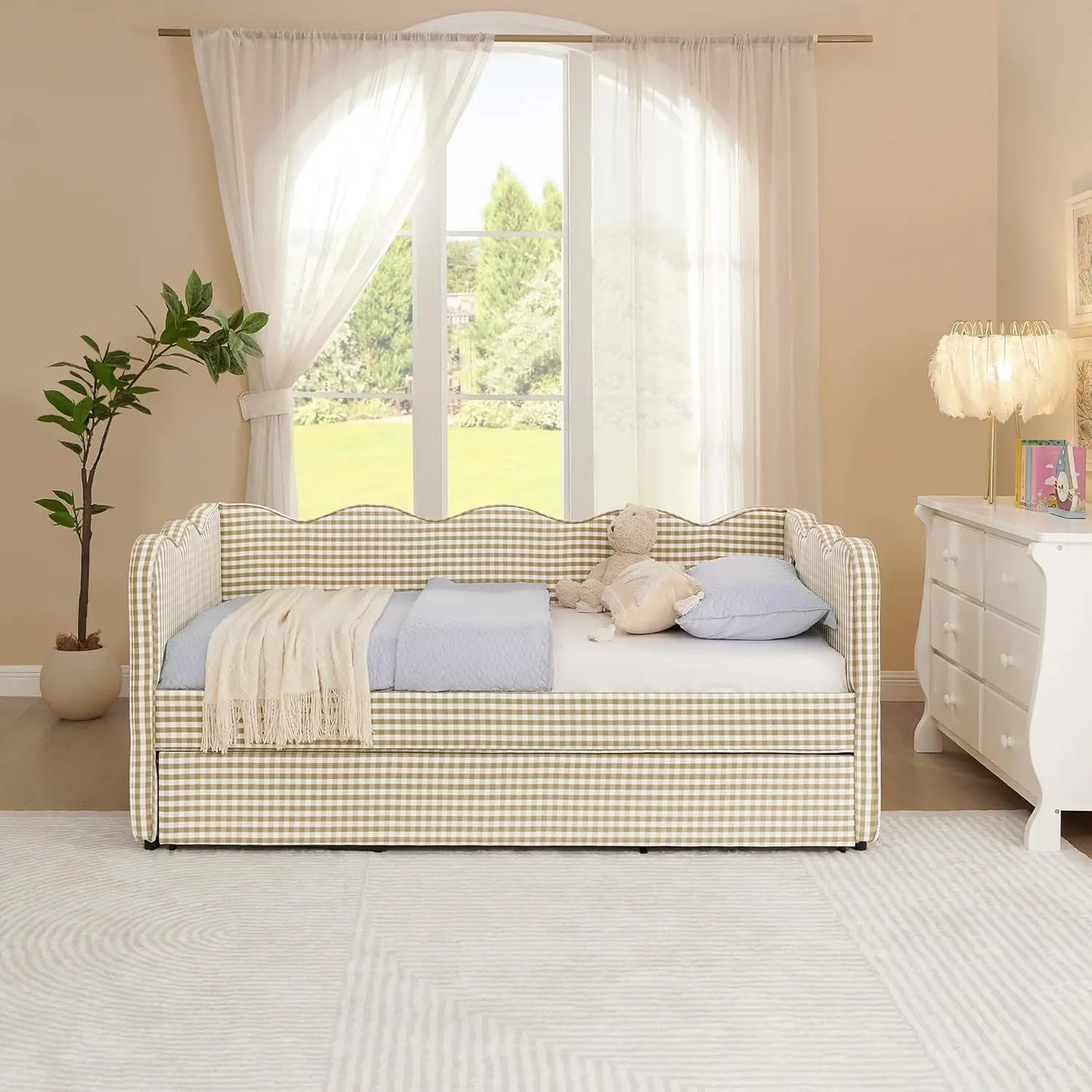 Twin Upholstered Gingham Daybed with Trundle & USB Charging – Linen, Wavy Edge, 7 Colors