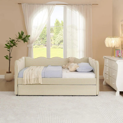 Twin Upholstered Gingham Daybed with Trundle & USB Charging – Linen, Wavy Edge, 7 Colors