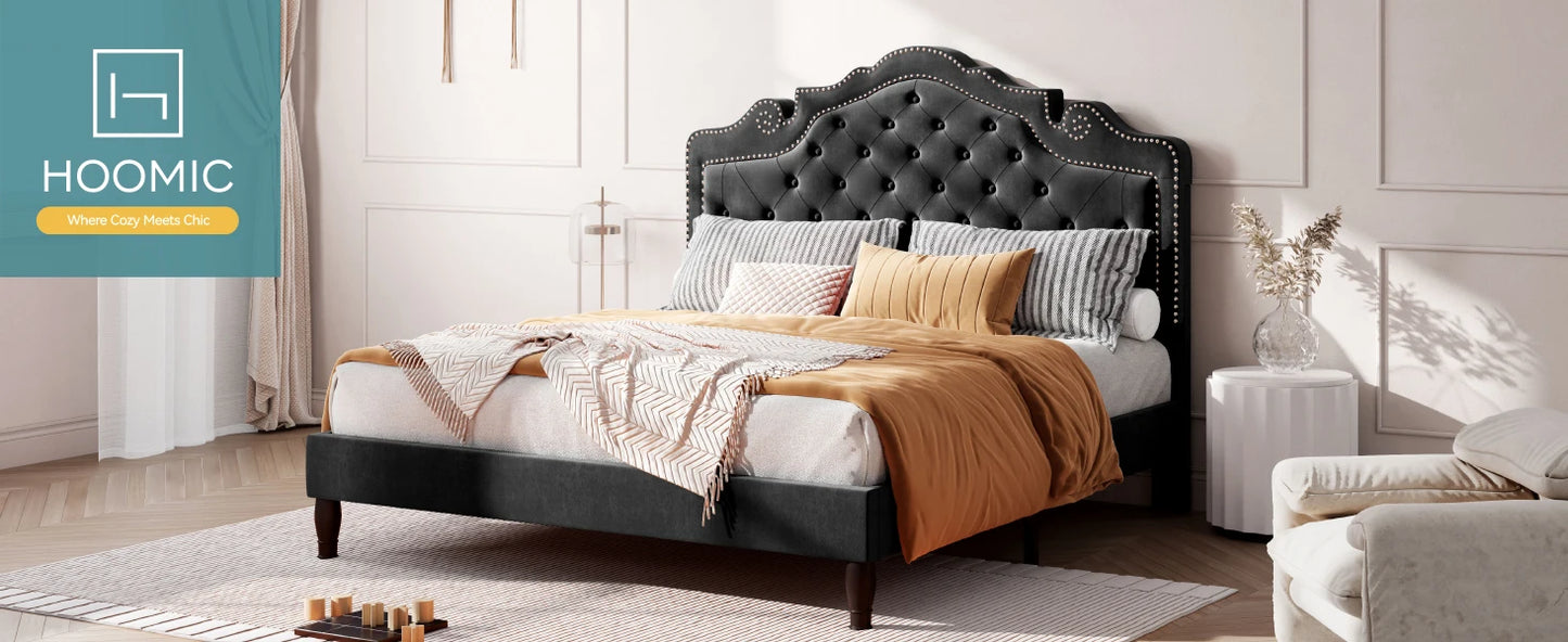 Velvet Platform Bed Frame with Adjustable Tiara Headboard – Diamond Tufted, Under-Bed Storage, No Box Spring Needed