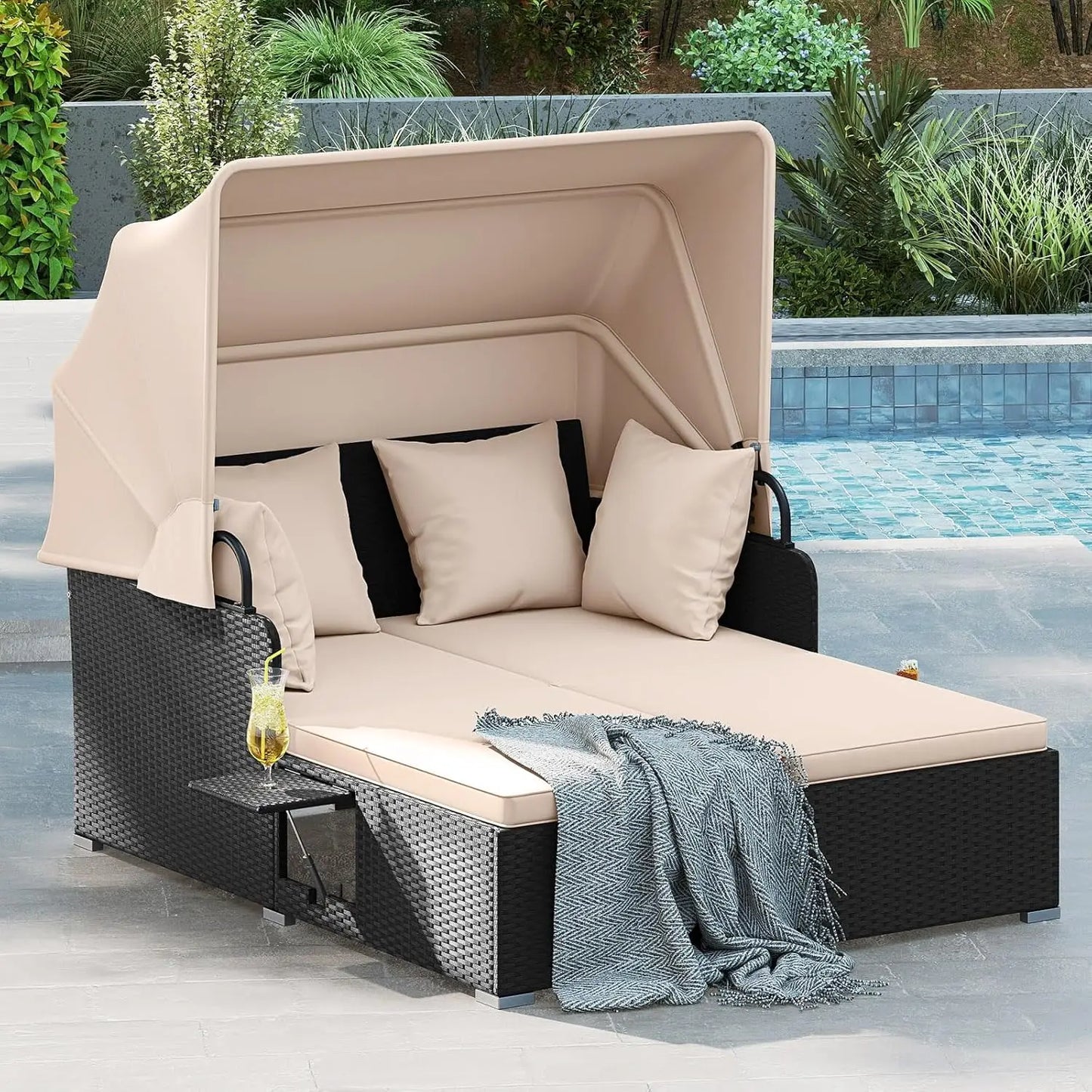 Outdoor Rattan Daybed with Retractable Canopy – 2-Person Patio Sunbed with Cushions & Pillows