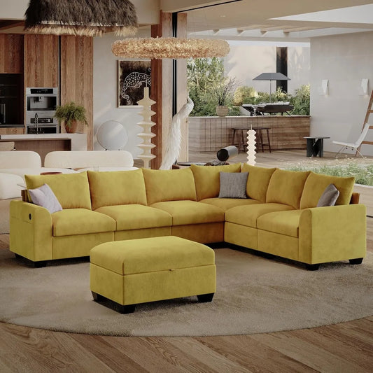 7-Seater Modular L-Shaped Sectional Sofa | Cloud Couch with Storage & USB Charging