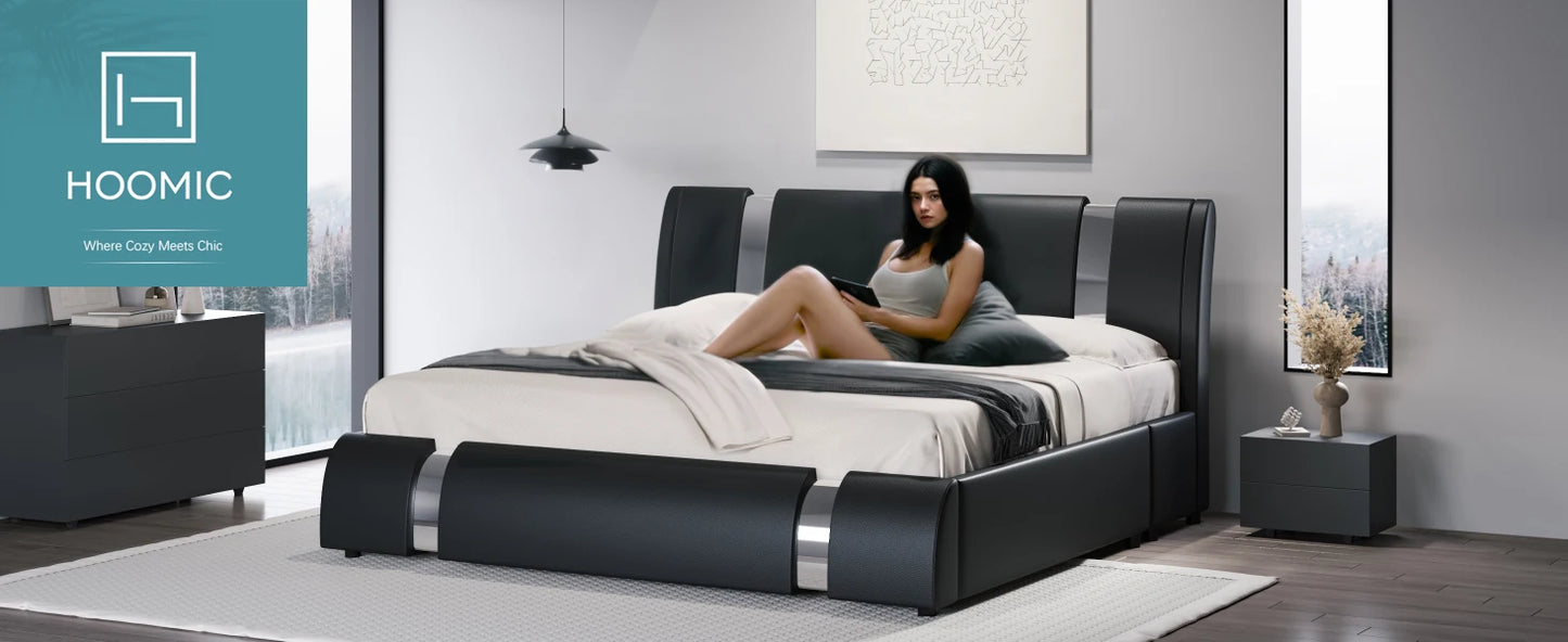 Modern Faux Leather Platform Bed Frame with Adjustable Headboard & Iron Décor – 800 LB Capacity | Queen King